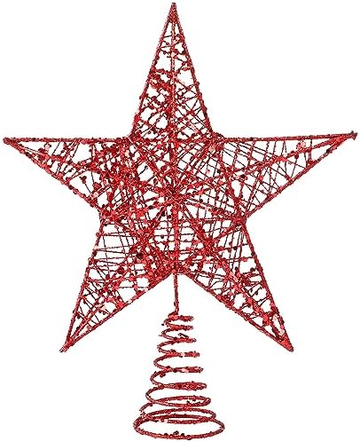DERAYEE Christmas Star Tree Topper, Xmas Red Glittered Treetop Metal Hollow Tree Star for Christmas Tree Decorations, Holiday Party Indoor Decor