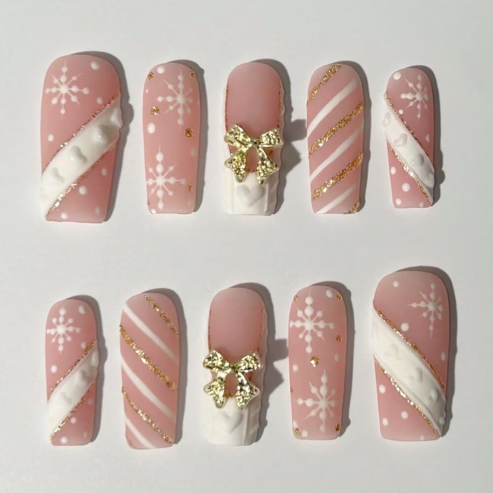 MAGLFELL Press On Nails Handmade Square Fake Nails, Painting Snowflakes and Gold Plated Bow Design,10 Pcs Reusable ABS Material Acrylic Fingernail Tip Salon Artificial Nails Kit (Size M)