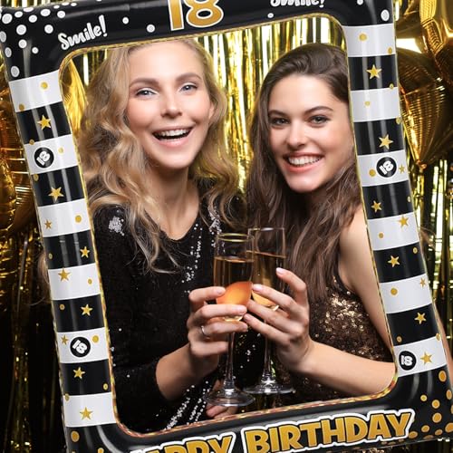 18th Birthday Photo Booth Props, Black Gold Inflatable Photo Booth Frame, 30PCS Photo Booth Props for Party Selfie Party Decorations and Gifts - size: 18th Birthday Inflatable Frame