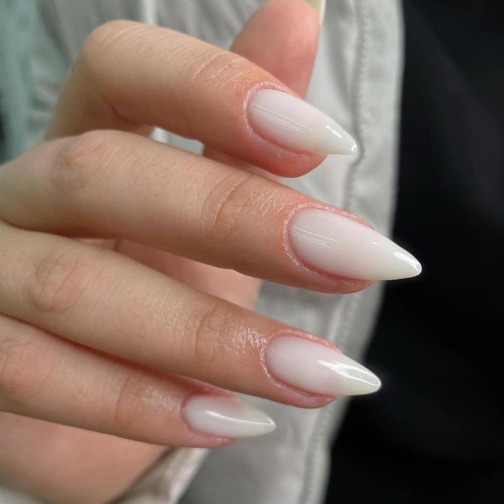 All White Press on Nails Medium Stiletto Almond,KQueenest Pure Color Acrylic Nails Set Reusable Fake Nails with Feature Protective UV Coating for Women Nail Art Manicure in 24 Pieces