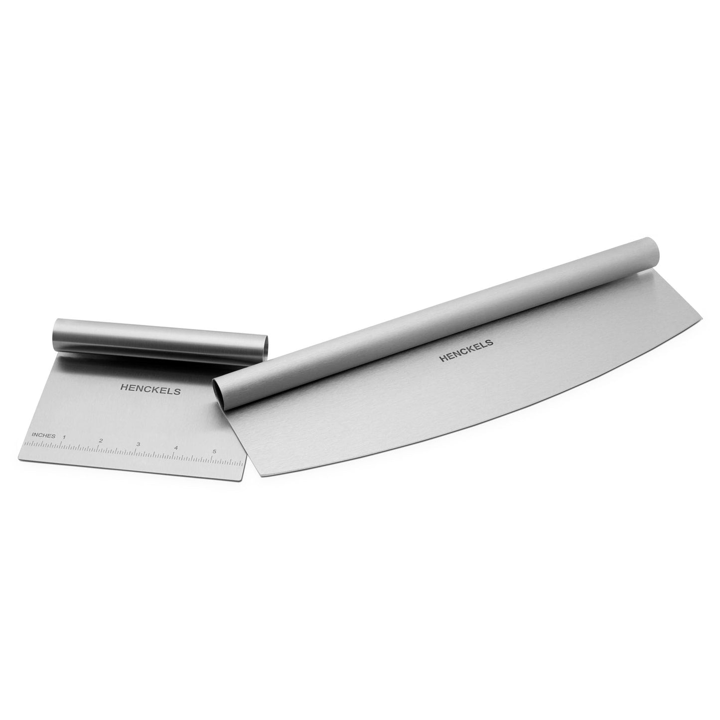 HENCKELS BBQ 2-pc Stainless Steel Pizza Cutter and Bench Scraper Set, Rocking Blade with Safety Guard and Measuring Scraper for Dough, BBQ and Baking