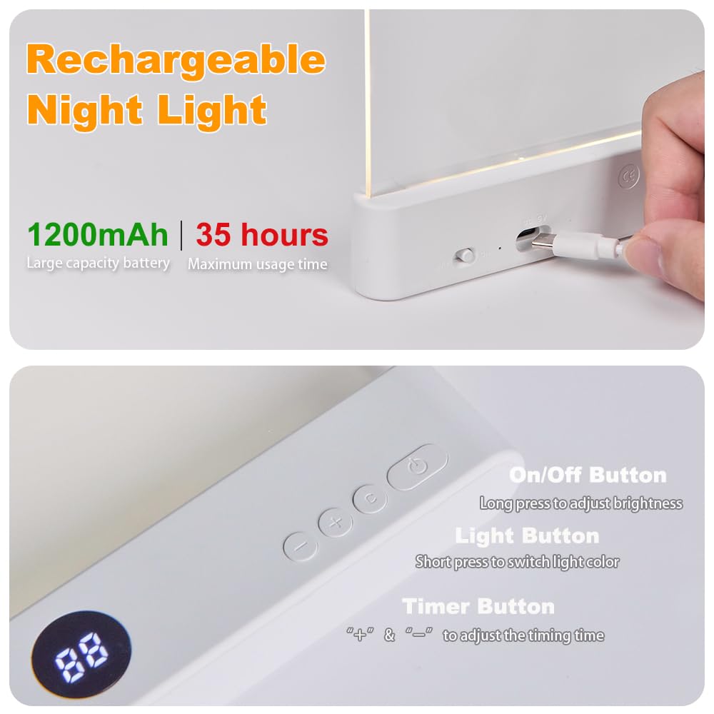 Book Light, Rechargeable Clear LED Flat Reading Light with 3 Colors & Timer, Dimmable Panel Plate Lamp Book Full Page Light for Reading in Bed at Night, Funny Gifts for Readers Kids Women Men (Pink)