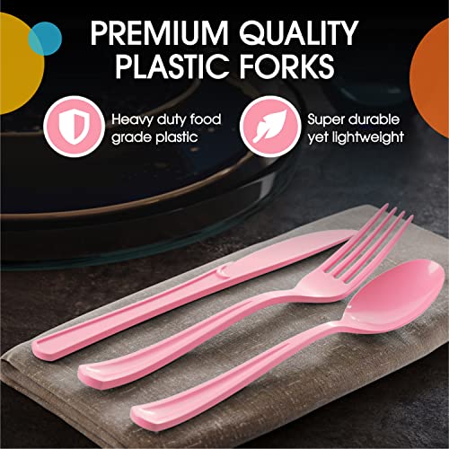 Party Solids Pink Plastic Forks 200 Pieces Pink Forks Disposable Utensils Heavy Duty Plastic Cutlery Set Disposable Cutlery Sets Flatware Sets Silverware Set Party Supplies & Party Tableware - color: Pink