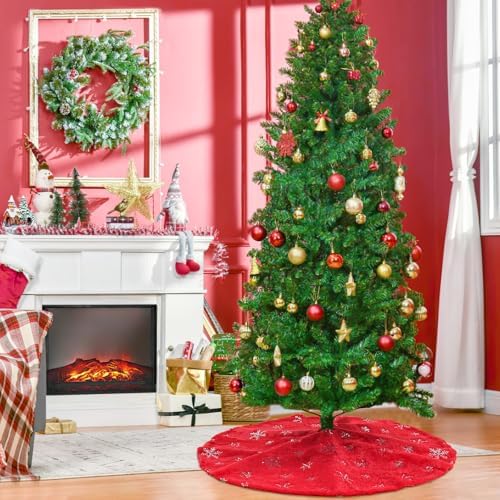 Christmas Tree Skirt Red Faux Fur with Silver Sequin Snowflakes 48 Inch Large Red Thick Xmas Plush Tree Skirt Ornaments