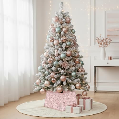 XmasExp Christmas Tree Collar 24 inch Sequin Tree Skirt for Christmas Holiday Home Decor Xmas Tree Ring Stand Base Cover Small Size 4 Piece Rose Gold