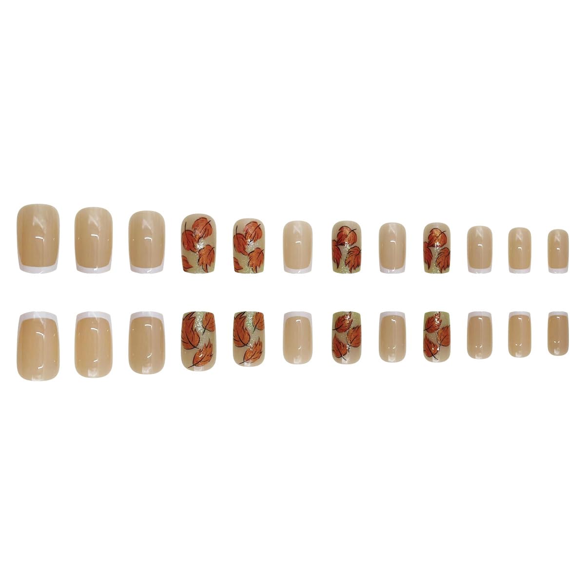Fall Press on Nails Short Square White French Tips Fake Nails Glossy Gold Glitter Maple Leaf Autumn And Winter Designs False Nails Full Cover Sparkly Leaves for Women Thanksgiving Manicure 24Pcs