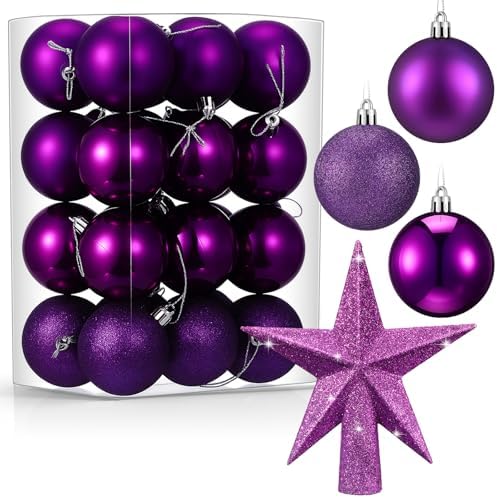 RoundFunny 25 Pcs Mini Christmas Balls Ornaments Set 2.36 Inch Christmas Day Ball Topper Star Tree Hanging Ornaments for Party Decoration(Purple)