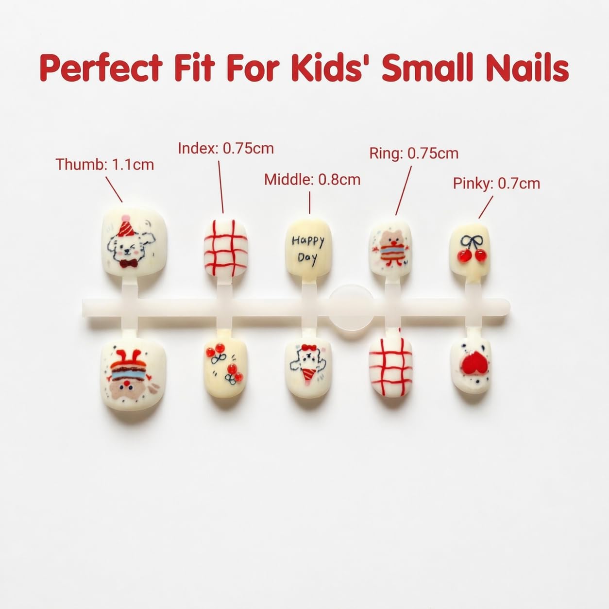 Kids Press On Nails, Happy Day Party Design, Cute Birthday Nails for Girls, Red Cherry Cake Style, 24pcs