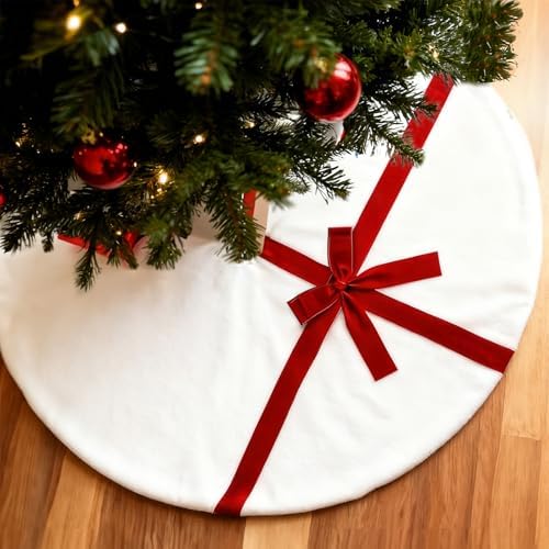 Christmas Tree Skirt 48 Inch, White Tree Skirt with Red Bow,Christmas Decorations,Xmas Tree Skirt for Home Party Holiday Indoor Outdoor Decorations (Large-48inch)