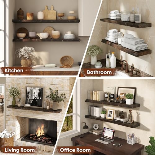 Floating Shelves Set of 2, Solid Elm Wood Wall Shelves 36 Inch - Invisible Bracket Mount for Living Room, Bedroom, Kitchen, Bathroom - Brown - color: Dark Brown, size: 36"L, 2-Pack