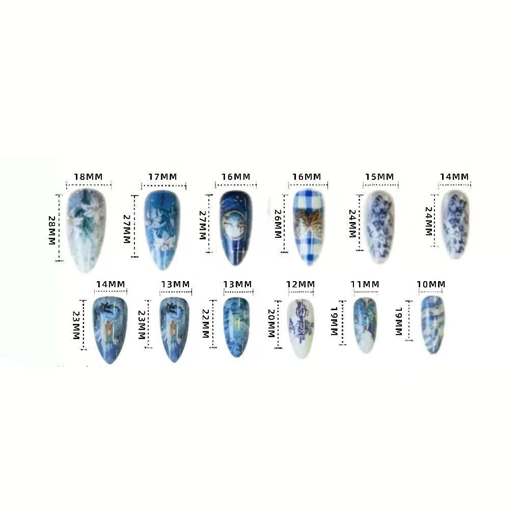 C.Z.Z.T.T.NAILS Fine Nailart Press On Nails, 24 Pieces Almond Shaped, Blue Fantasy Floral Design with Moon and Stars Pattern, Reusable Artificial Nail Tips