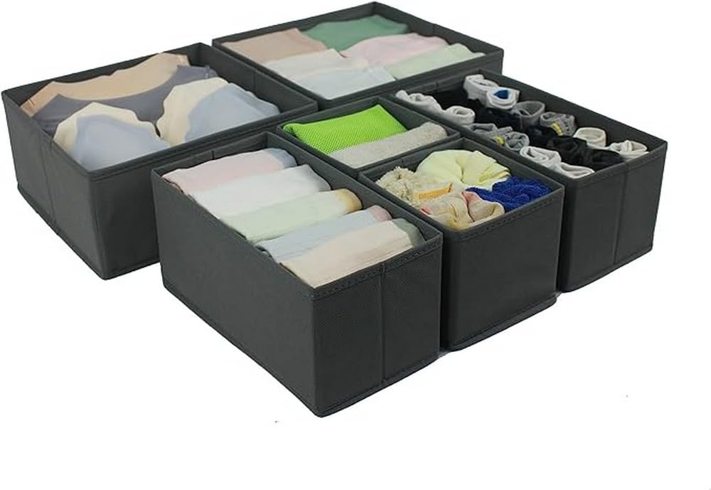 Amazon Basics Collapsible Cloth Drawer Organizer Boxes for Socks, Underwear and Baby Clothes, Storage Bins, Gray, Set of 6