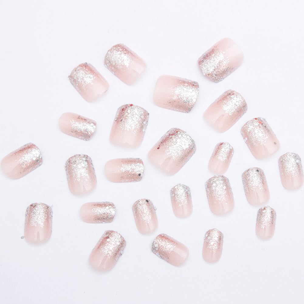 Hrnsnails Nails Press ons,Glitter Ombre Short Square Press on Nails Fake Nails Acrylic Artificial Nails Sparkly Sequins Stick on Nails for Women 24Pcs