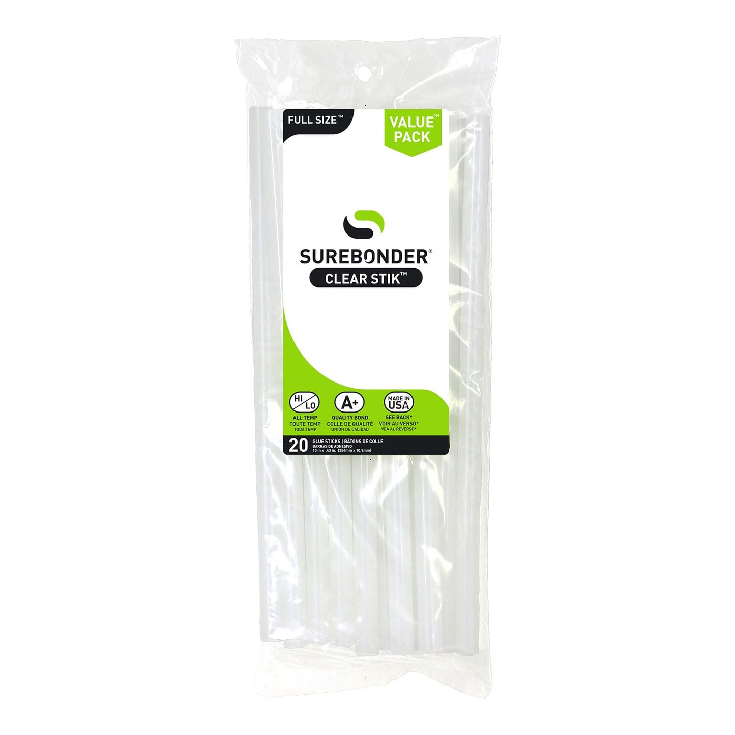 Surebonder Full Size Hot Glue Sticks Long, 20-Pack, Clear, Non-Toxic, Multi-Temp, 10-Inch x 0.43-Inch for Full Size Glue Guns, DIY, Arts, Crafts & Home Repairs