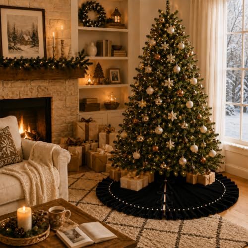Christmas Tree Skirt,Velvet Tree Skirt with Ruffled Edge with Pearls, Classic Large Velvet Fur Plush Tree Skirt for Merry Christmas(Black,60Inch)