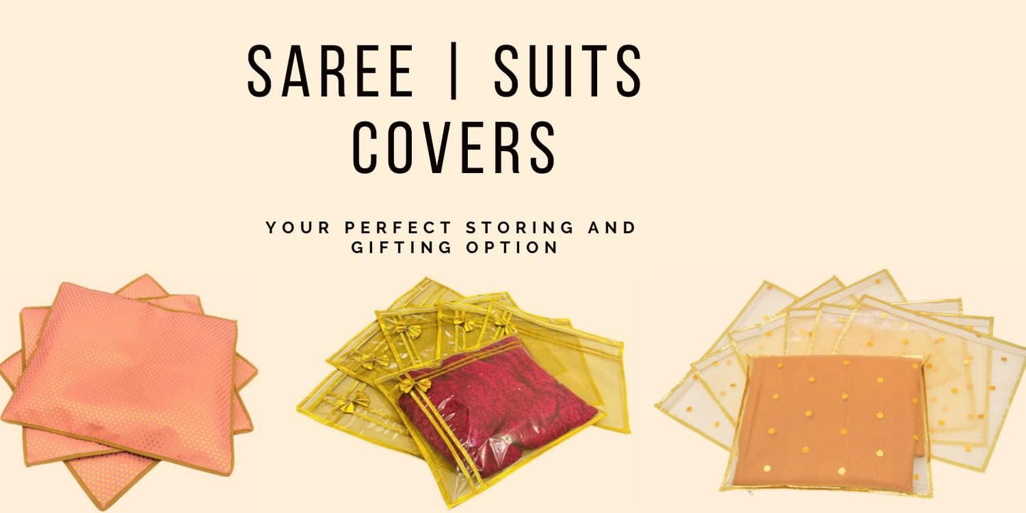 10 piece transparent single Saree/Suit Packing Sari Cover/Bag Organizer with zip for Wardrobe Storage and wedding gifting,dress covers (Golden, Pack of 10)