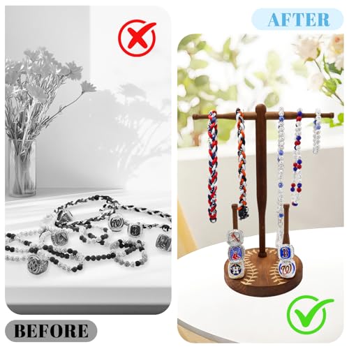 rain bunny Wooden Baseball or Softball Drip Necklace Organizer Holder, Championship Ring Display Holder, Softball Ring Holder, Drip Necklace Baseball Display Gift (Walnut Round Base) - color: Walnu Round Base