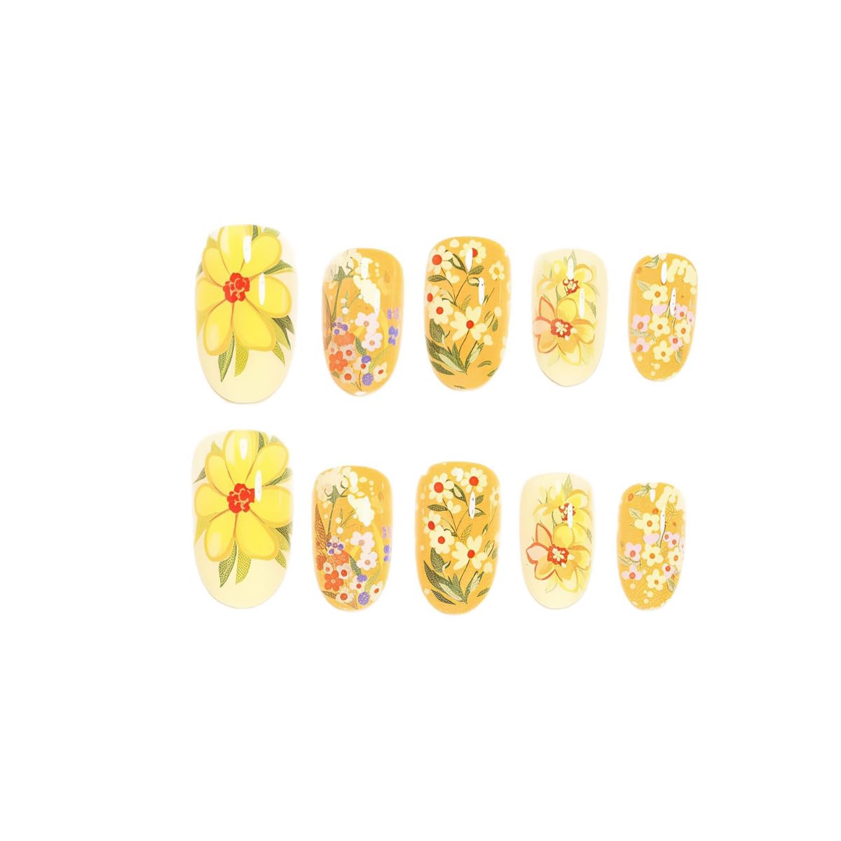 Short Press on Nails Oval - Yellow with Flower Design, Oil Painting Style Full Cover Glossy Fake Nails 24PCS for Women Manicure
