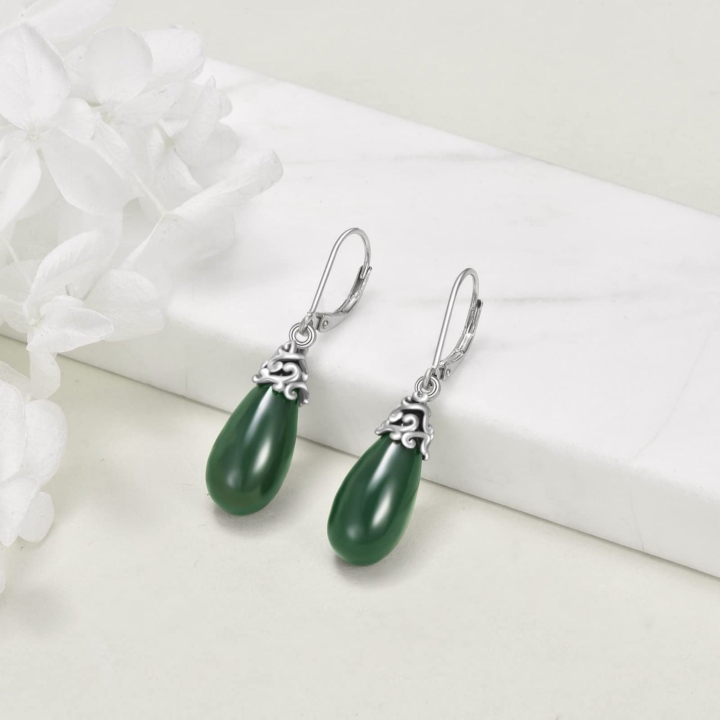 POPLYKE Jade Filigree Teardrop Drop Dangle Earrings Sterling Silver Leverback Earrings Jewelry