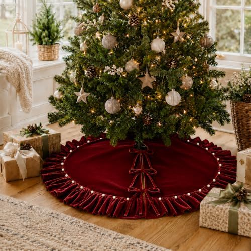 Christmas Tree Skirt,Velvet Tree Skirt with Ruffled Edge with Pearls, Classic Large Velvet Fur Plush Tree Skirt for Merry Christmas(WineRed,36Inch)