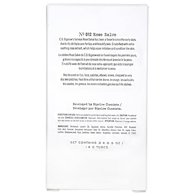 C.O. Bigelow Rose Salve Tubes, Pack of 3 Lip Balm Tubes, All Purpose Salve for Lips, Cuticles, Hands & Dry Skin, Lip Balm Set, 0.5 oz