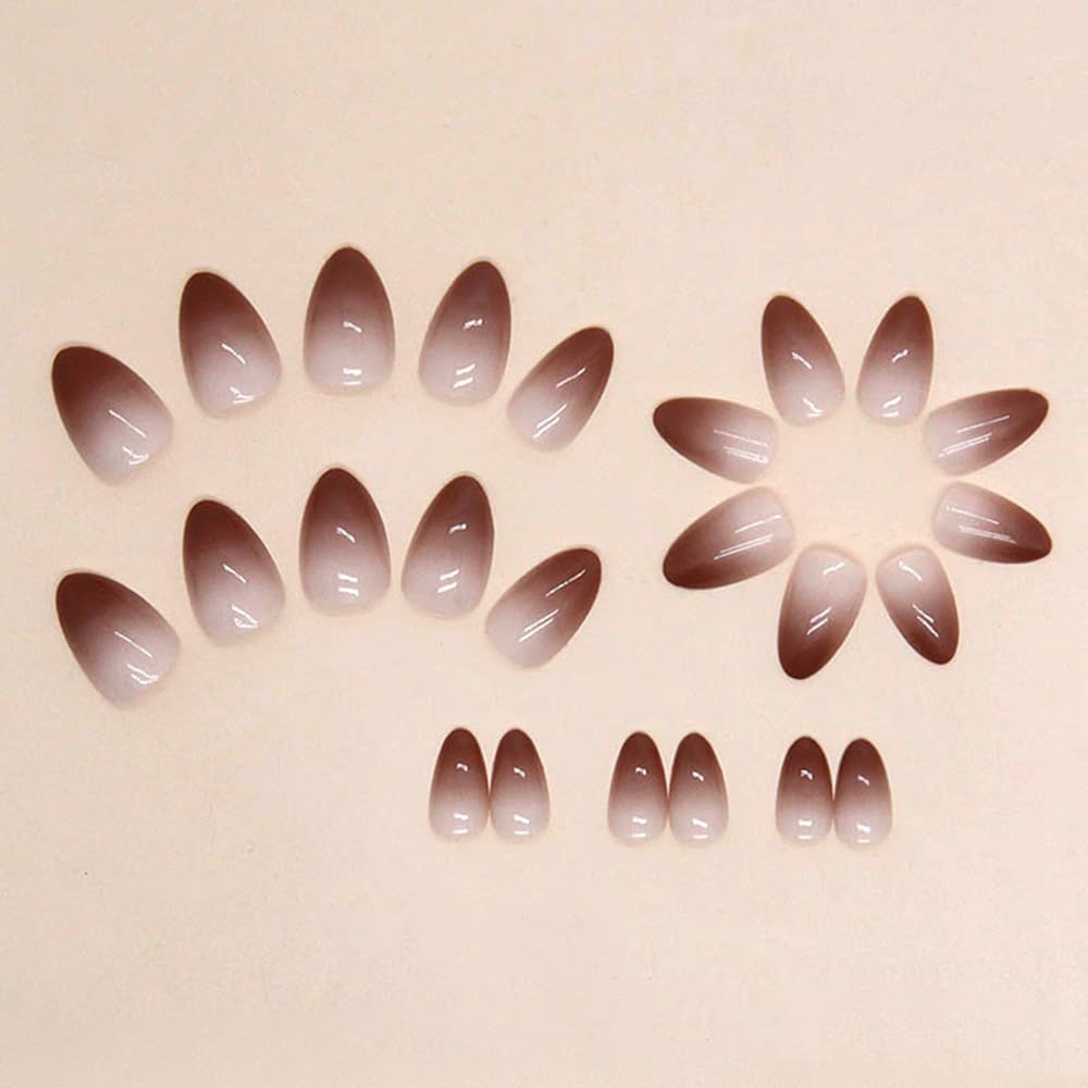24Pcs Brown Press on Nails Short Almond Fake Nails Fall Gloss Acrylic Nails French Gradient False Nails Petite Artificial Nails Full Cover Stick on Nails Reusable Artificial Nails for Women Girls