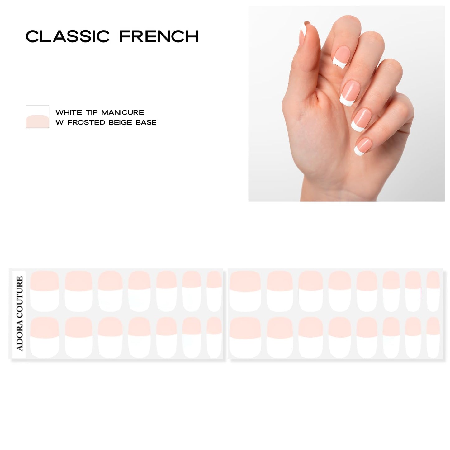 Adora Couture Semi Cured Gel Nail Strips with 30 Pieces - Salon Quality Manicure Kit for Women Easy Application Wraps Includes Prep Pads Nail File Wooden Stick, UV Light Required (Classic French)