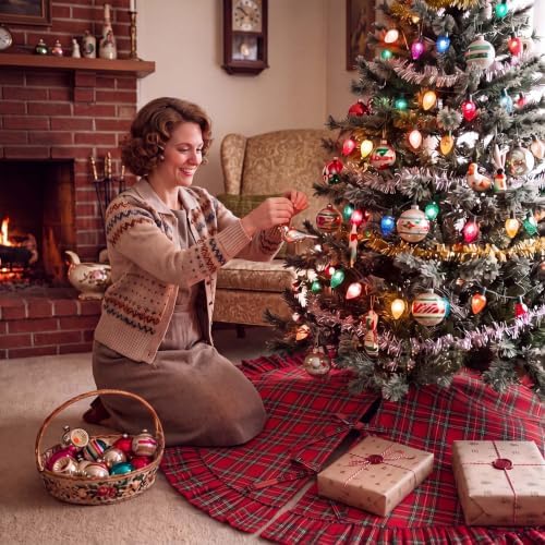 48 Inch Plaid Christmas Tree Skirt with Ruffle, Red Green