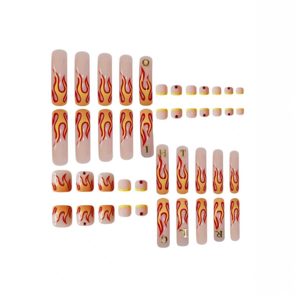 48Pcs Curved Press on Nails Orange Red Flame Press on Toenails Long Fake Nails with 5D Letters Charm Design Glossy Rhinestones Fake Toenails Glossy Full Cover Nails Press on Set for Women Manicure