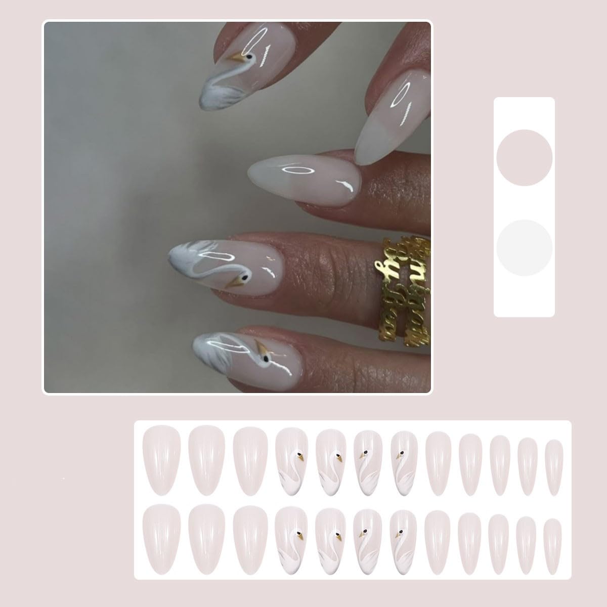 Nailora 24 Pcs White Swan Press On Nails | Almond Shape Stick On Nails | 3D Elegant Gel Glue False Nails | Ballet Aesthetic Manicure for Women
