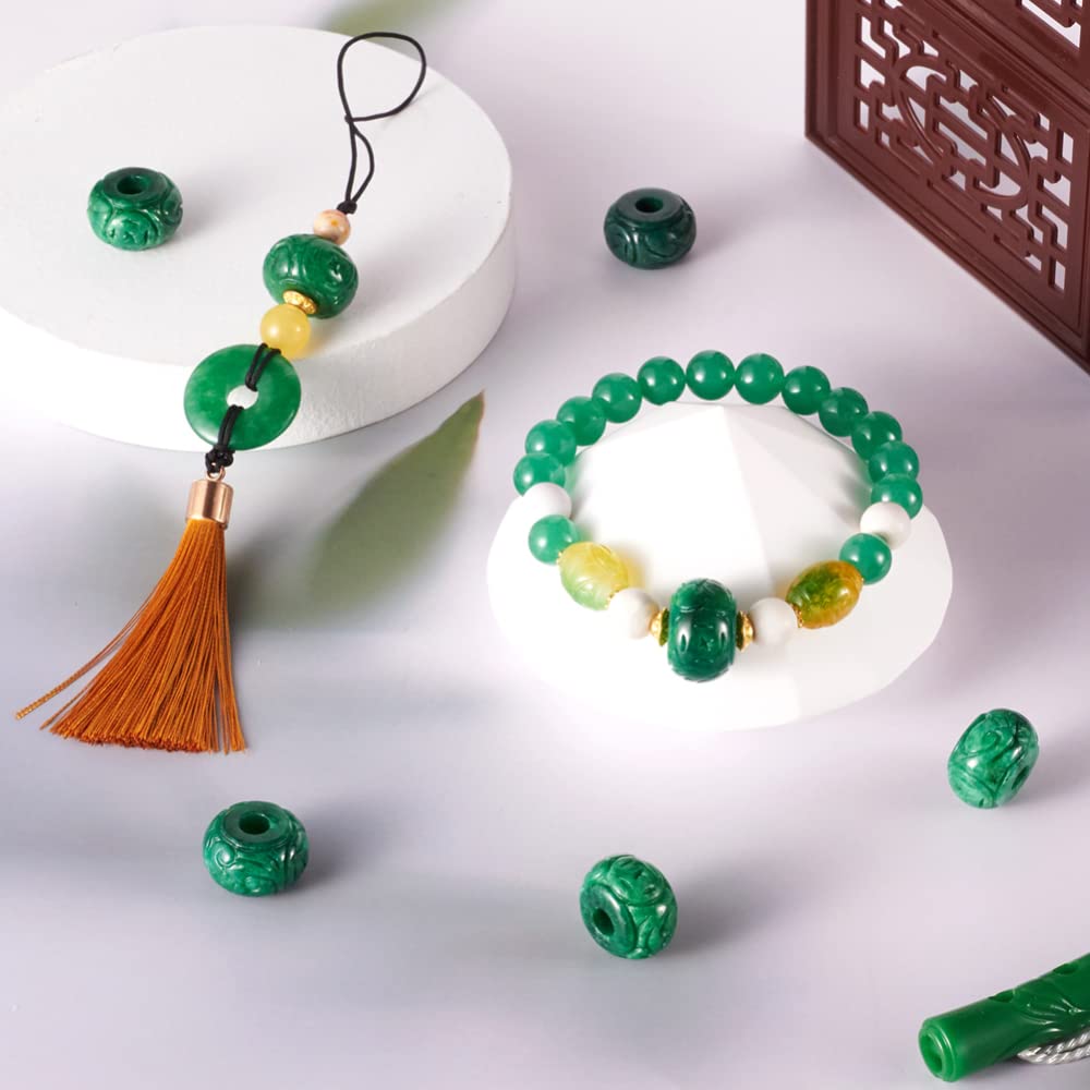 Fashewelry 10Pcs Natural Myanmar Jade Stone Large Hole Beads Rondelle Engraving Gemstone European Charm Beads Drum Shape Healing Chakra Gems Loose Spacers for Jewelry Making 4-5mm Hole