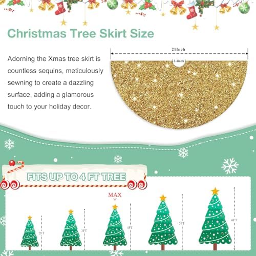 Small Gold Christmas Tree Skirt 21 Inches Glittery Sequin Tree Skirt Round Mini Tree Base Cover with Gold Sequins Tree Skirts Christmas Pencil Tree Skirt for 4ft Xmas Tree Home Decoration