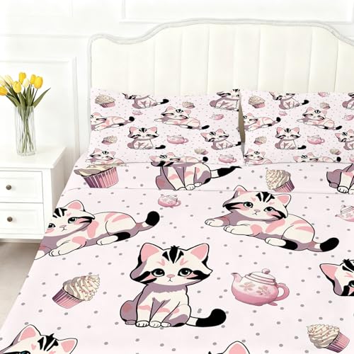 Girls Pink Fitted Sheet Set Twin Size Cute Cat Sheet Set Kawaii Kids Sheet Soft Microfiber 3-Piece Sheet Set Twin Bedspread 1 Fitted Sheet+1 Flat Sheet+1 Pillowcase Cartoon Bedding Set - color: Pink-cat, size: Twin