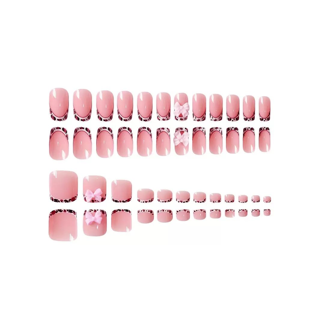 48Pcs Short Press on Nails Square & Press on Toenails Set, Pink Press on Nails Leopard Print French Tip Fake Nails with Bow Design Press on Toe Nails for Women Manicure Kit