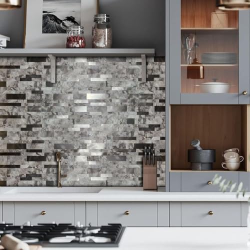 10-Sheet Peel and Stick Backsplash Tile, PVC Mixed Meta,l Stick on Kitchen, Bathroom Vanities, Fireplace Décor, Laundry Table(11.2" X 12.7") (10, Darken Coffee+Frosted Grey) - color: Darken Coffee+Frosted Grey