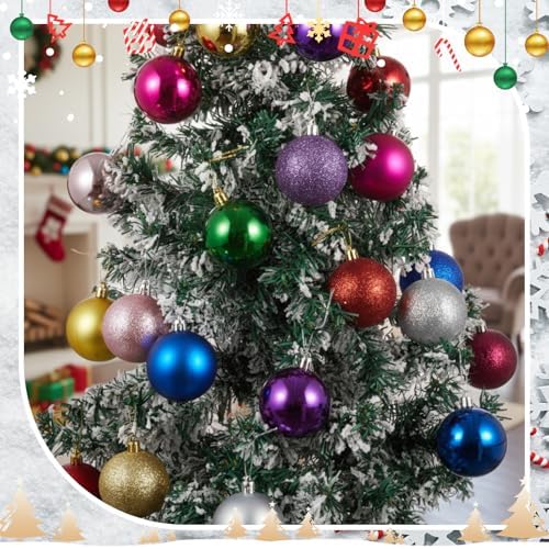RoundFunny 25 Pcs Mini Christmas Balls Ornaments Set 2.36 Inch Christmas Day Ball Topper Star Tree Hanging Ornaments for Party Decoration(Bright Colors)