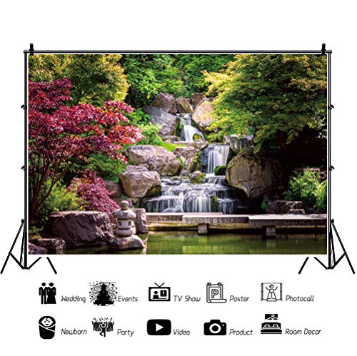 12x10ft Large Size Japan Garden Landscape Backdrop Retro Style Park View Photography Background Waterfall Maple Trees Bridge Kyoto Garden Travel Children Adult Portrait Photo Studio Props 12x10 - size: 12x10ft