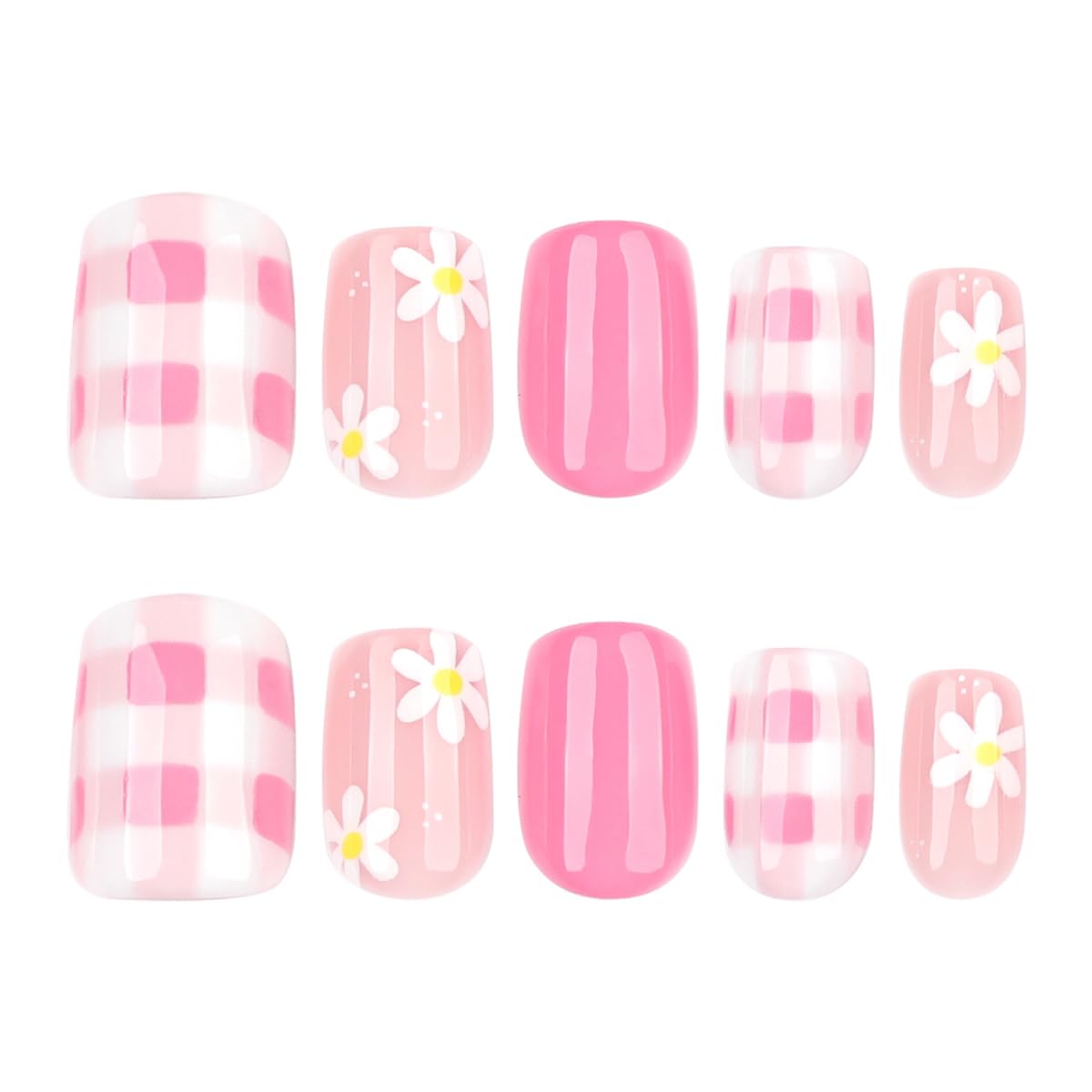 Spring Summer Pink Press on Nails witn Flower & Checkered Design - Short Square Fake Nails Full Cover Glossy Stick on Nails for Women 24PCS