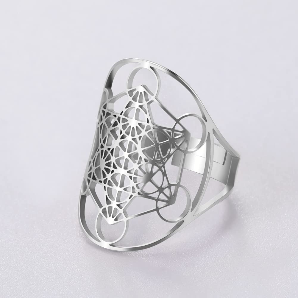 Amaxer Metatron's Cube Ring Archangel Metatron Protection Statement Hollowed Out Womens Stainless Steel Open Band Ring Jewelry