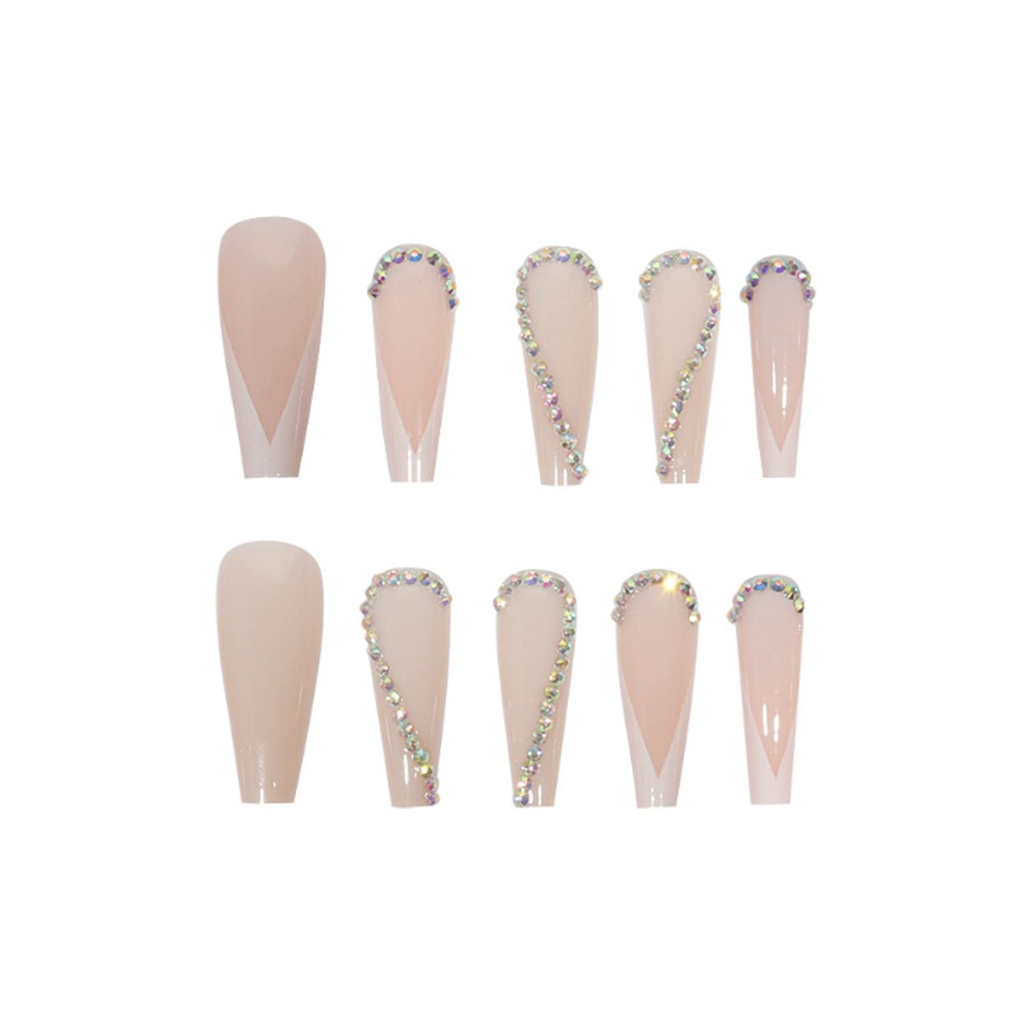 DANMANR Long Press on Nails Square French Fake Nails Full Cover Nude Acrylic False Nails for Women and Girls 24PCS (Coffin Rhinestones Multicolor)