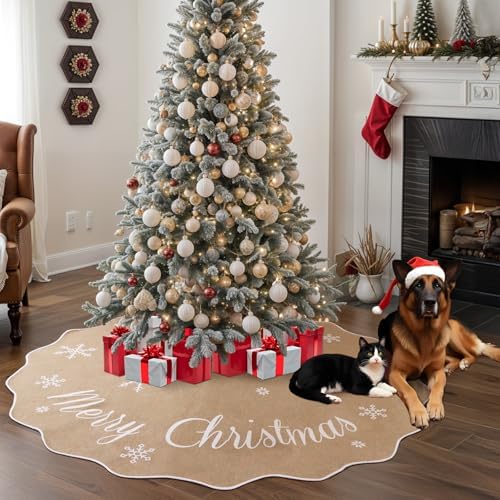 OurWarm Christmas Tree Skirt 60 Inches, Buffalo Plaid Red Tree Skirt for 7 ft Tree or 9ft Tree, Double Sided Burlap Tree Skirt Snowflake Xmas Tree Skirts for Winter Rustic Boho Farmhouse Tree Decor