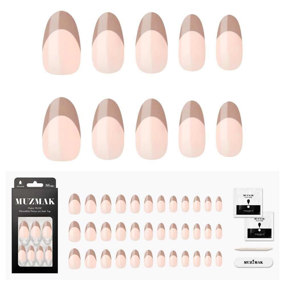 MUZMAK Reusable Press on Nails Long Medium Short 36Pcs Pink Fake Nails with Designs Red french tip Cute Gel (Cafe Latte (Almond))