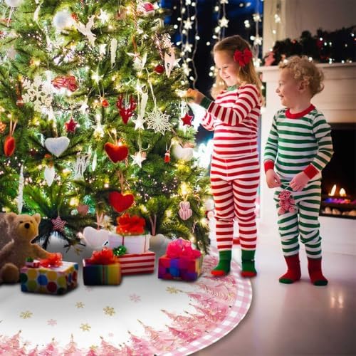 Christmas Tree Skirt 48inch Pink Buffalo Plaid Farmhouse Decor