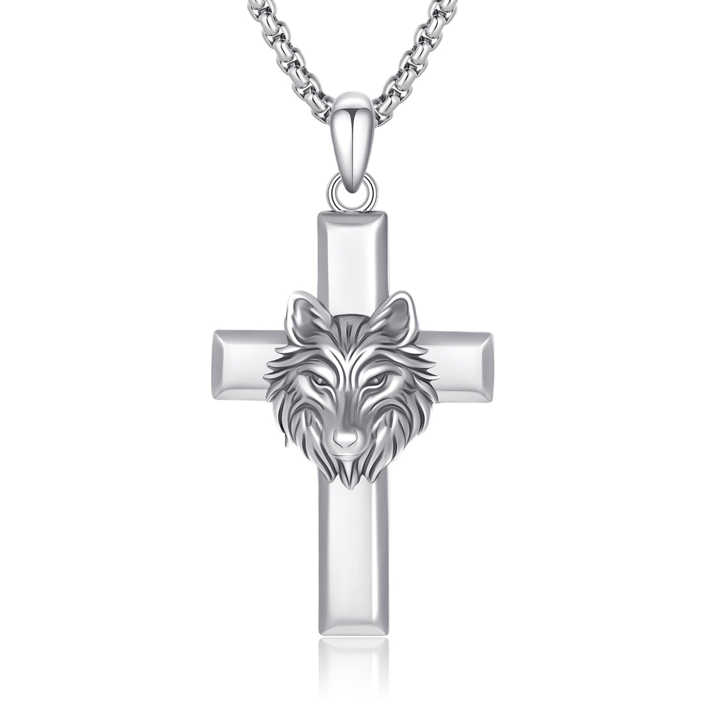 YEESIA Cross Necklace for Men 925 Sterling Silver Wolf Necklace Pendant Christian Protect Jewelry Wolf Gifts for Men Husband