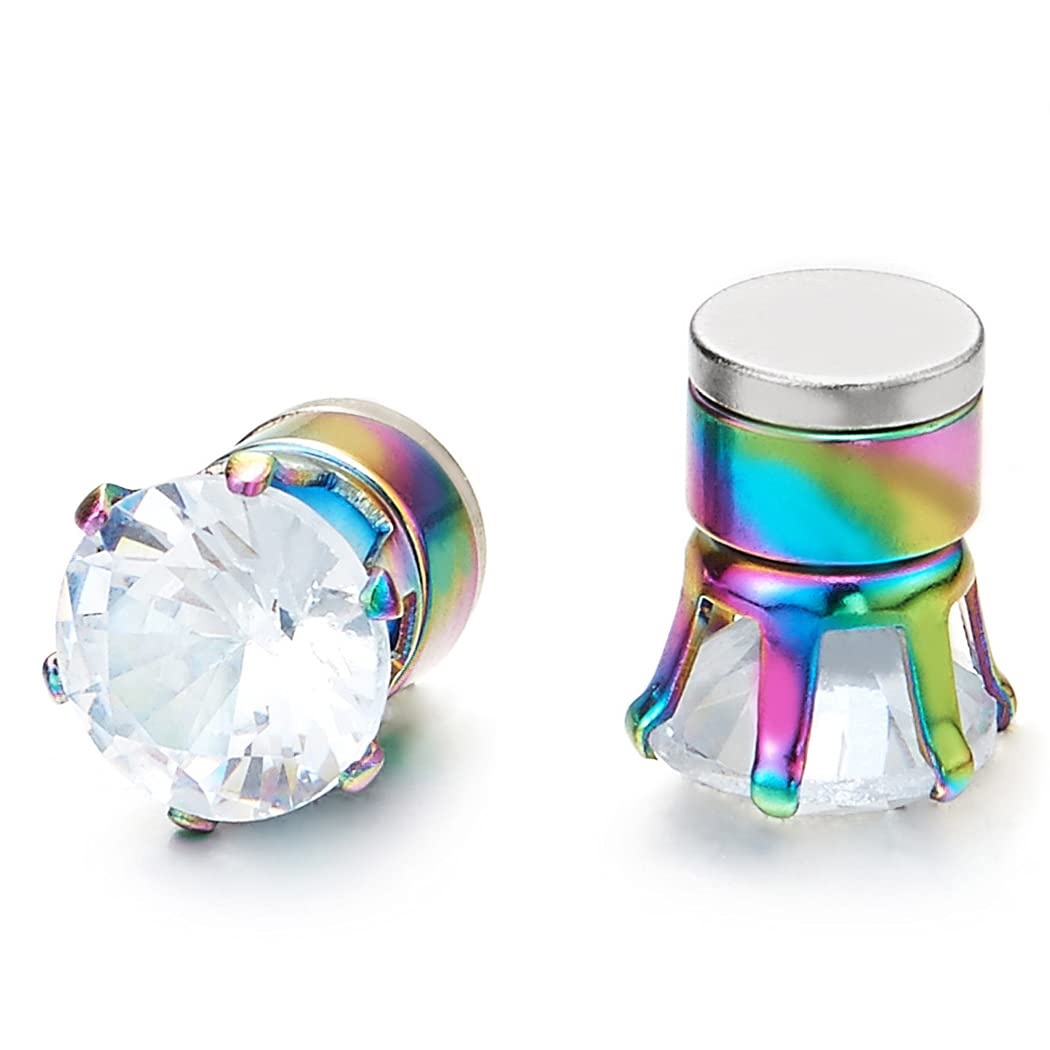 Mens Womens Magnetic Cubic Zirconia Stud Earrings, Rainbow Steel, Non-Piercing Clip On Cheater Fake