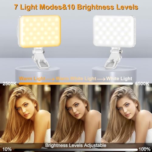 Selfie Light, LED Camera Light Video Lights 60 LED 2200mAh Rechargeable Phone Light 7 Modes, 10-Level Brightness, Portable Clip on Light for Phone/Tablet/Laptop White - color: White