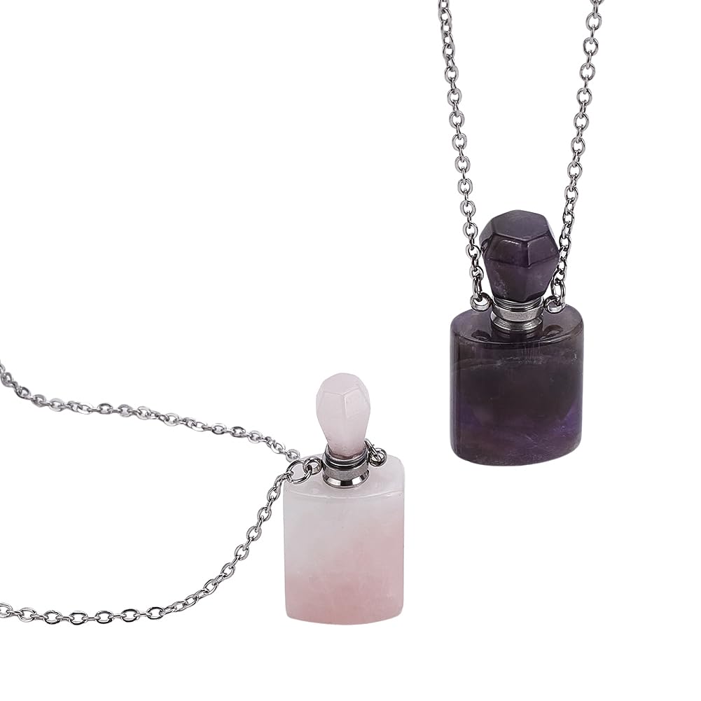 FINGERINSPIRE 2 Pcs Natural Healing Stone Essential Oil Diffuser Perfume Bottle Pendant Necklace 2 Styles Rose Quartz & Amethyst Perfume Bottle with Stainless Steel Chain for Aromatherapy Lovers