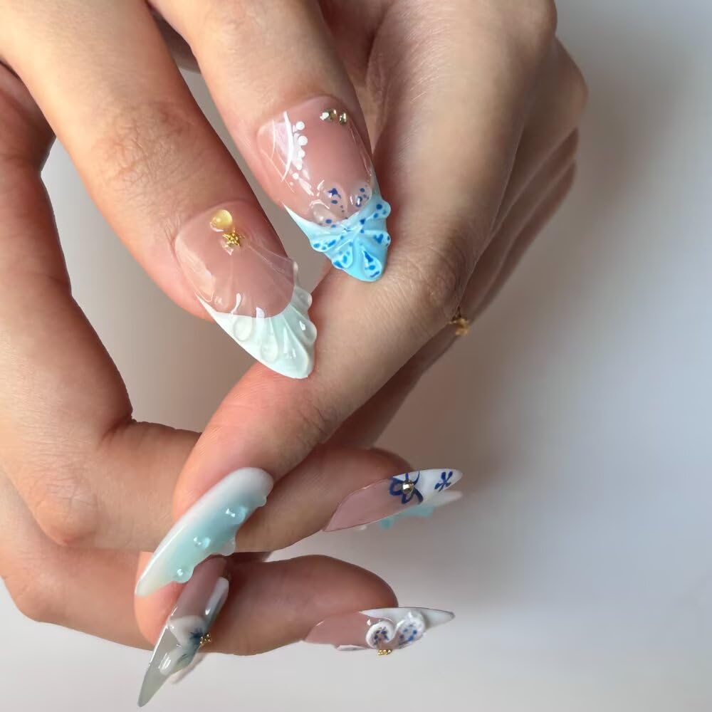 Handmade Acrylic Press On Nails Almond, 3D Press On Nails Medium Fasle Nails, Blue Floral Nails French Tip For Women, Reusable Stick On Fake Nails Kit With Nail File (Size S）