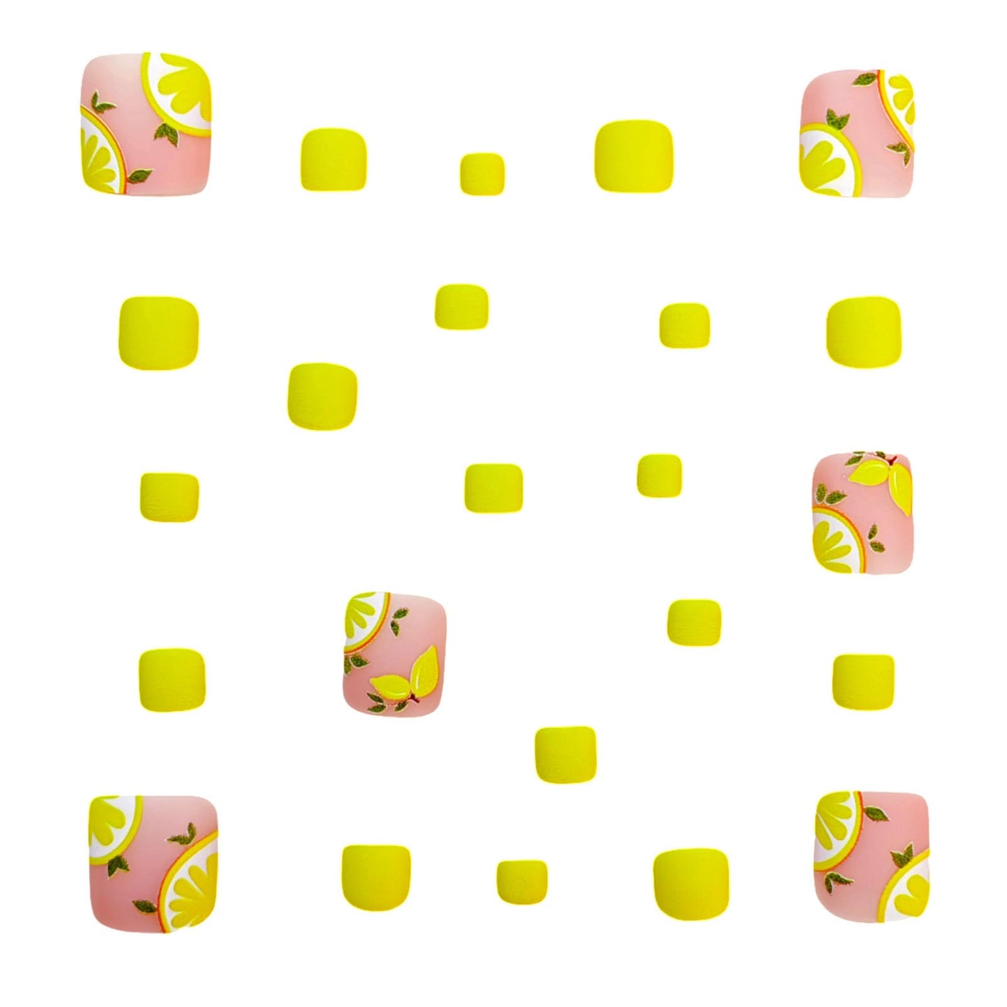 Summer Press on Toenails Pink Fake Toe nails with Yellow Lemon Pattern Design Short Square Toe nails Press ons Acrylic Stick on Toenails for Women 24Pcs