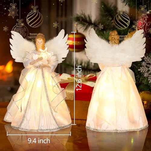 HMASYO Christmas Tree Topper Angel with Timer Lights, 12" Angel Tree Toppers with White Feather Wings, Star Light, Remote Control and USB Power Xmas Treetop Decor for Indoor Office Holiday Party